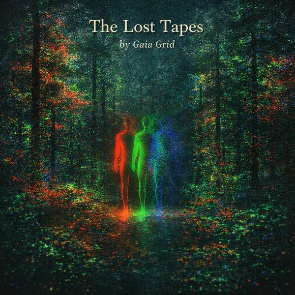 The Lost Tapes album cover: three glowing figures, red, green and blue, walking through a dark forest